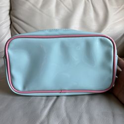 Aqua Vinyl Cosmetic Bag with Pink Trim