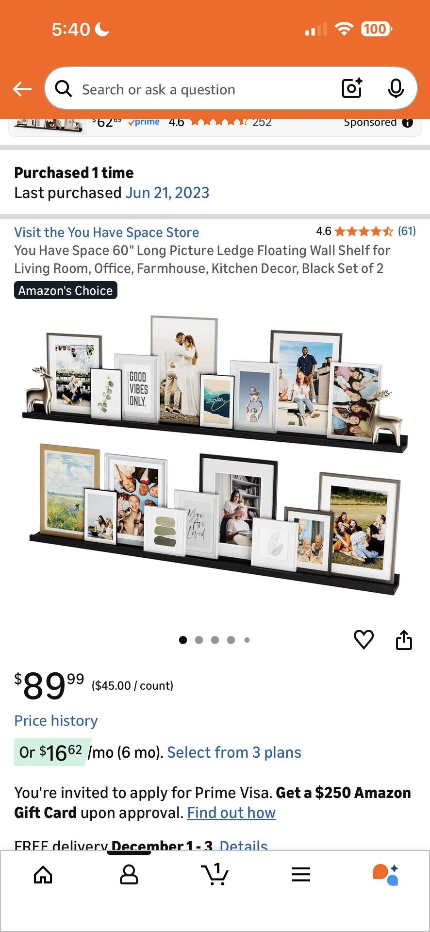 2 60” BLACK FLOATING SHELVES