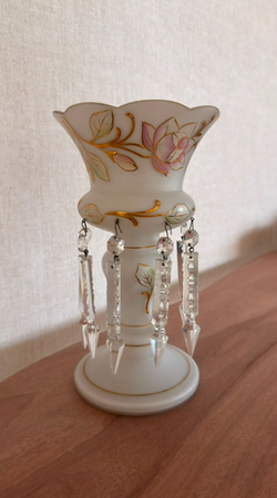 Vintage Milk Glass Vase with Hanging Crystal Prisms – Hand Painted Floral