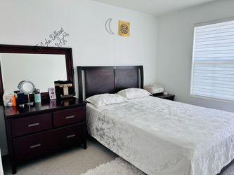 Bed frame no mattress plus mirror plus dresser plus nightstand