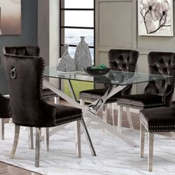 Brand New Chrome & Black Modern Style 7pc Formal Dining Table Set