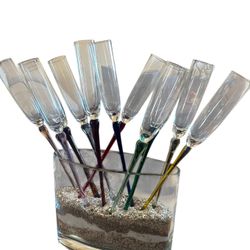 Ingrid Hand Made Glass 10” Ice Bucket & 11 Colored Stems Champagne Flutes Bouquet 