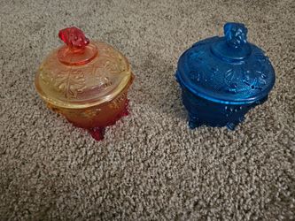 Vintage Mid-Century Jeannette Glass Acorn & Oak Leaf Candy Dishes - Amberina and Cobalt Blue