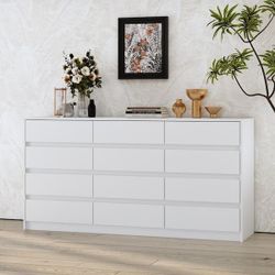 White 12-Drawer 63 in. Width Wooden Dresser, Chest of Drawers, Storage Cabinet for Home Storage without Mirror