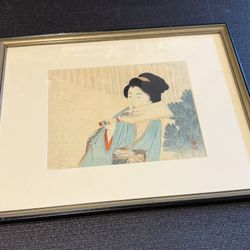 Vintage Framed Japanese Geisha Woodblock Print 18.5 X 14.5
