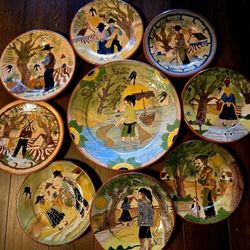 Vintage Handpainted Ceramic Portuguese Folk Art Pottery Plates Created By Olaria Anibal Rosaro Set Of 9
