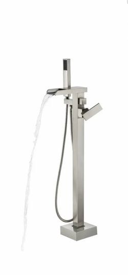 Single-Handle Floor-Mounted waterfall Tub Faucet with Hand Shower in Brushed Nickel