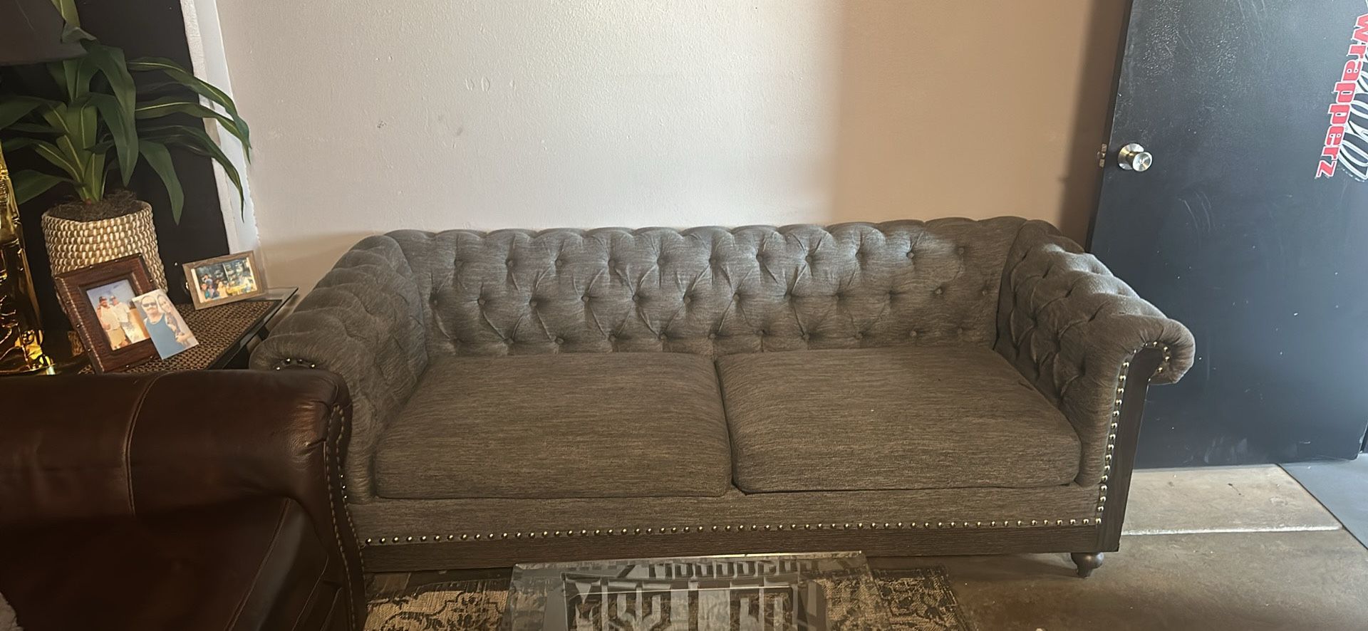 Grey Couch, Glass Coffee Table, 2 End Tables 