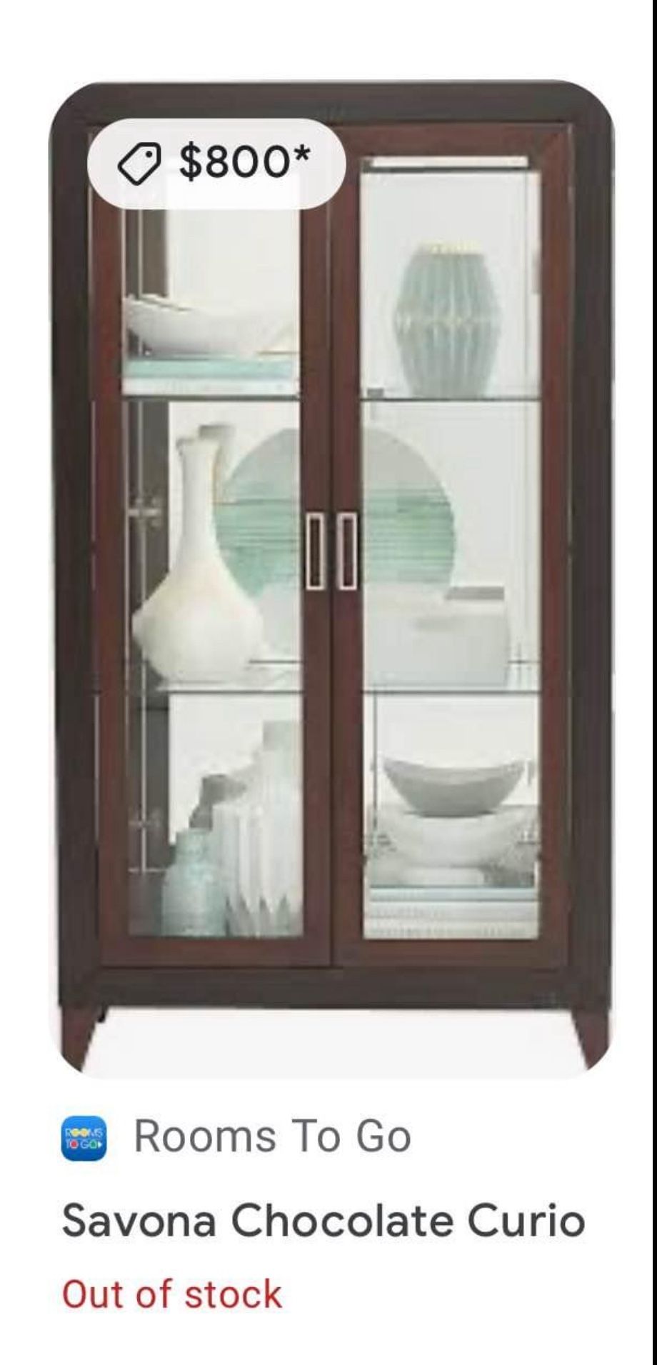 Rooms to go Sabina Chocolate Curio Glass Cabinet