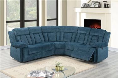 Brand New Super Plush Blue Chenille Power Reclining Sectional Sofa