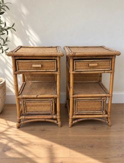 Pair of Vintage MCM Rattan Bamboo Bedside Tables
