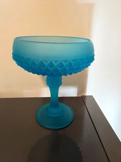 Blue Frosted Glass Pedestal Compote Bowl