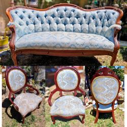 Elegant Antique Powdered Blue Sette Sofa & Matching Parlor Chair - Victorian Era