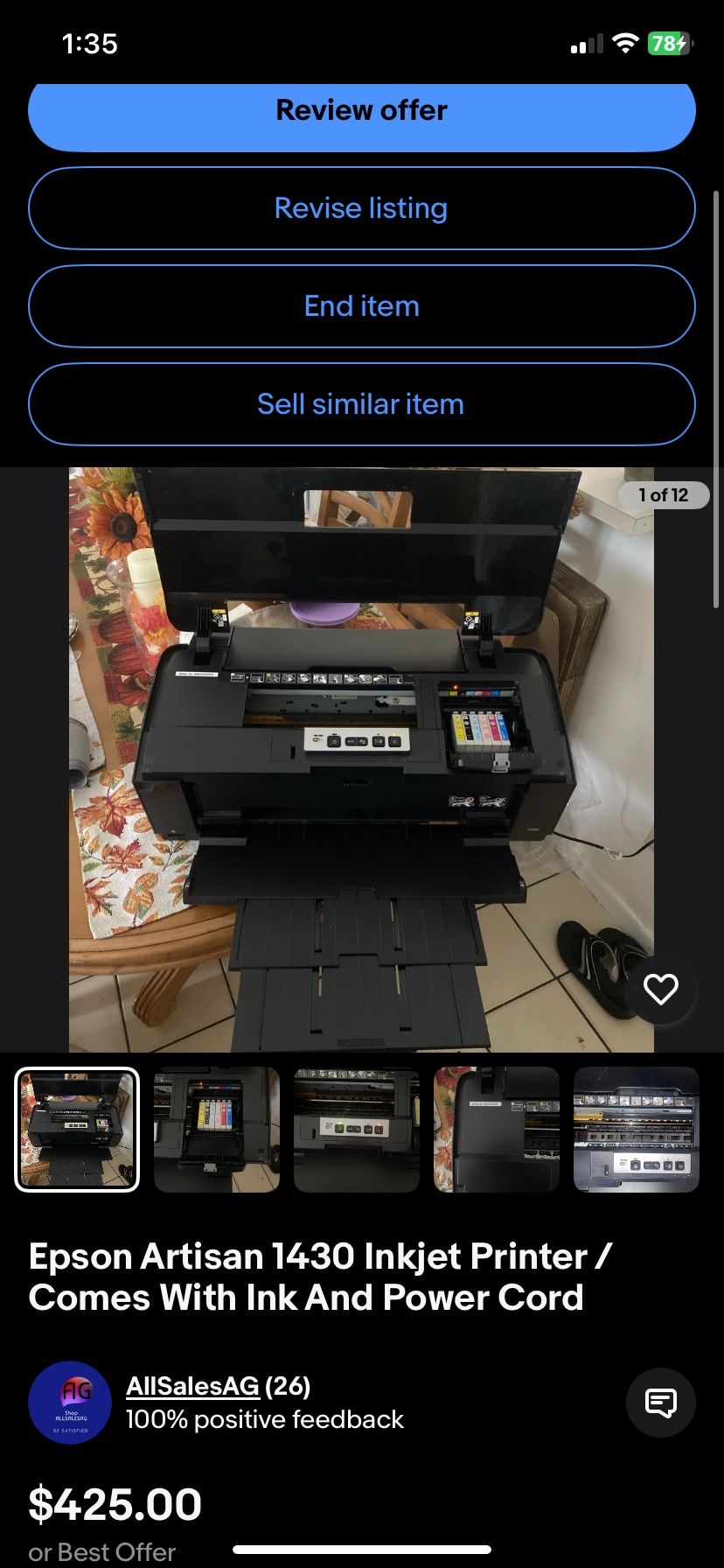 Epson Artisan 1430 Inkjet Printer / Comes With Ink And Power Cord