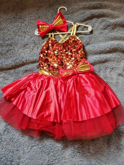 Dance Costume red and gold with sequence and hair bow. Size 6