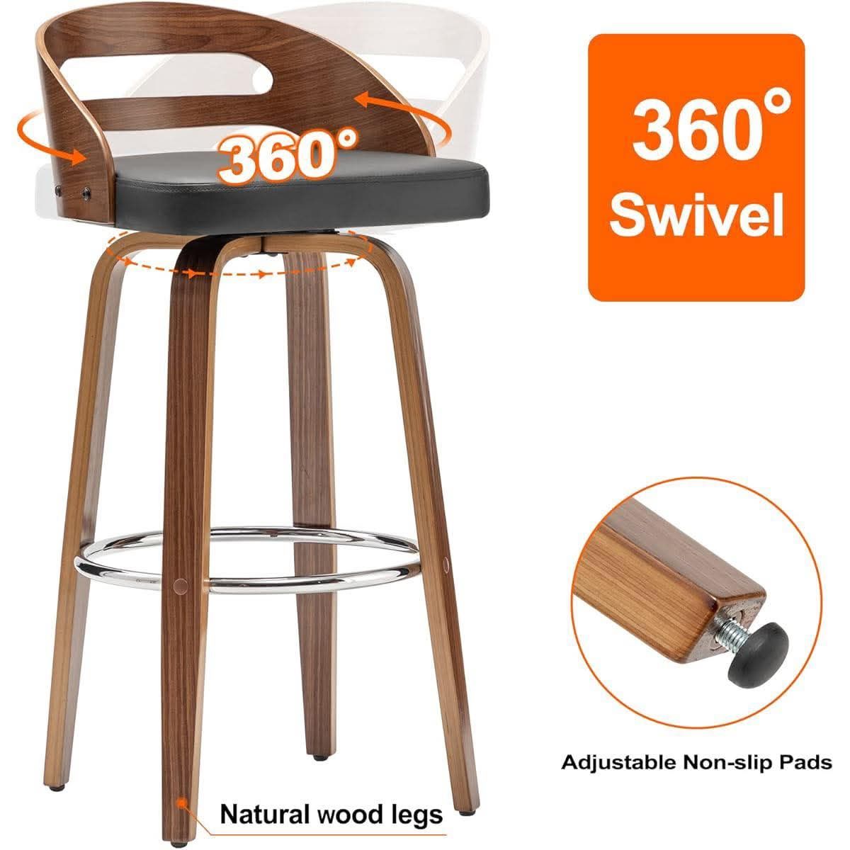 Bar Stools Set of 2, Swivel Bar Height Stools with Walnut Bentwood, Low Back, Upholstered Faux Leather, Soft Cushion Seat, Mid Century Bar Stools for