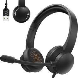 Headset with Mic for PC, USB Headset with Noise Cancelling Microphone, Computer Headset for Teams, Zoom, Skype Calls（Black）