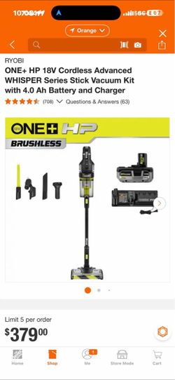 ONE+ HP 18V Cordless Advanced WHISPER Series Stick Vacuum Kit with 4.0 Ah Battery and Charger$240