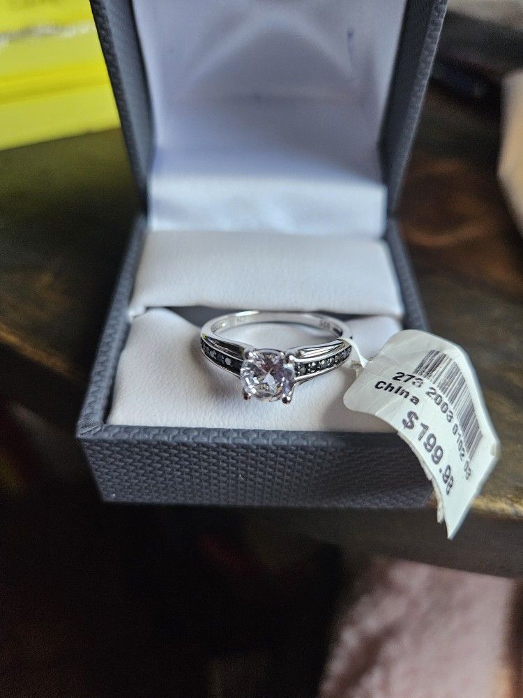 Sterling Silver 925 Ring White Sapphire/ Dark Blue Sapphire Created