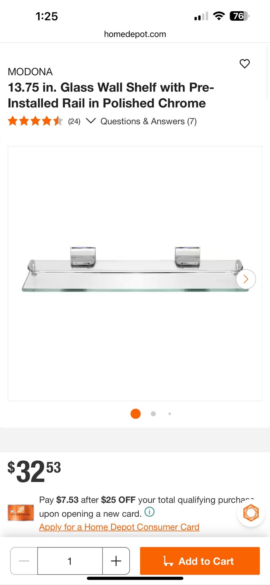 MODONA 13.75 in. Glass Wall Shelf with Pre-Installed Rail in Polished Chrome