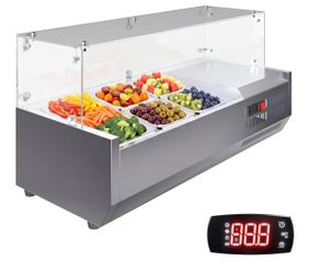 Refrigerated Condiment Prep Station, 130W Countertop Prep Table with 1 1/3 Pan & 4 1/6 Pans, 304 Stainless Steel Body PC Lids, Sandwich Salad Prep Sta