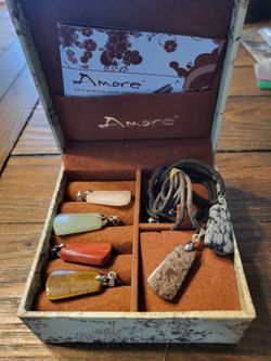 AMORE Gemstone Collectable Rope Necklaces with 6 different  Stones per Set ( Heart or Teardrop Pendants)