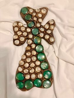 Decorative Cross with Green and Marble Cabochons