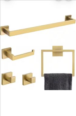 5-Piece Bath Hardware Set Bathroom Accessories Set with Toilet Paper Holder, Hooks, Towel Rack in Brushed Gold
