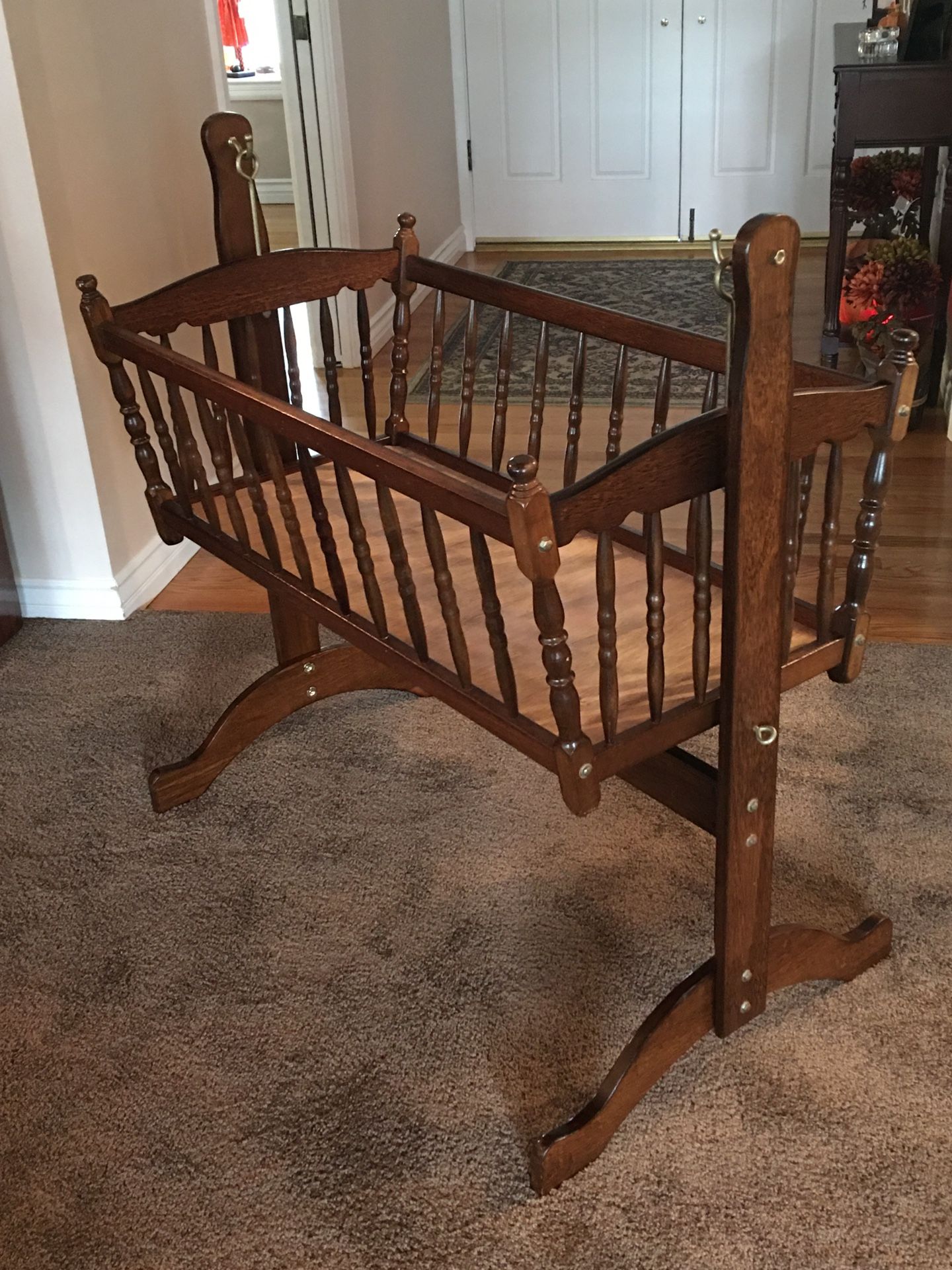 Vintage Jenny Lind Style Wooden Baby Cradle / Bassinet / With Bedding