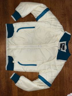 Vintage Retro 70s 80s  winter puffer ski coat jacket cream white teal turquoise