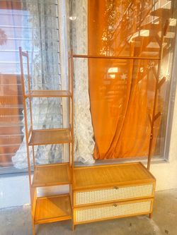 Wood Wardrobe Unit with Shelves and Cane Drawers