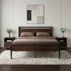 Queen Metal Platform Bed Frame with Wooden Headboard & Footboard, Quiet No-Slip Design, No Box Spring Needed
