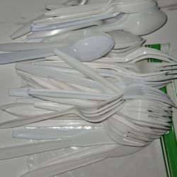 48 Pieces Total White plastic forks,  spoons, knifes 17 forks, 17 spoons, 14 knifes