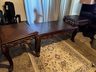 Dark Wood Carved Coffee Table and End Table Set