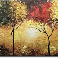 24" X 48" Colorful Tree Forest Textured Hand-Painted Framed Canvas Wall Art