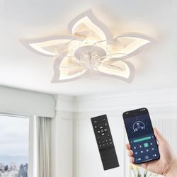 LEDIARY Flower Ceiling Fans with Lights, Small 27 Inch Modern Low Profile Ceiling Fan, Dimmable LED Ceiling Light Fixture, Flush Mount Ceiling Fans wi