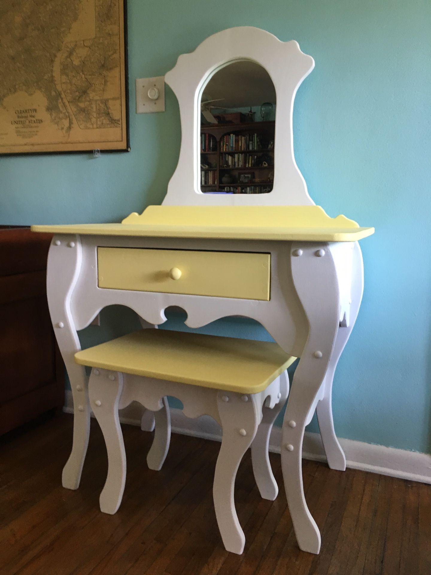 Vintage Painted Pine Vanity With Matching Stool