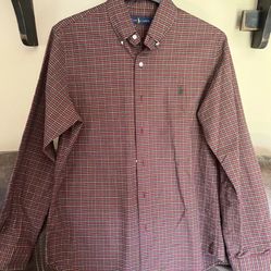 Ralph Lauren Mens  Burgundy Yellow Plaid Button Down L/S Shirt RN41381 Size Med