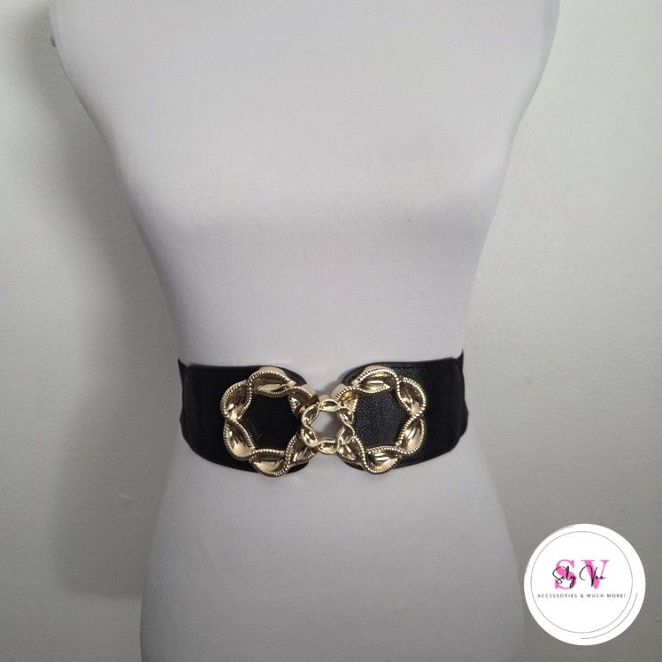 Black stretchy waist belt with gold buckle