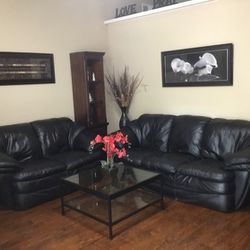 Black leather couch, loveseat + Metal/Glass Coffee table. $600 for set.  