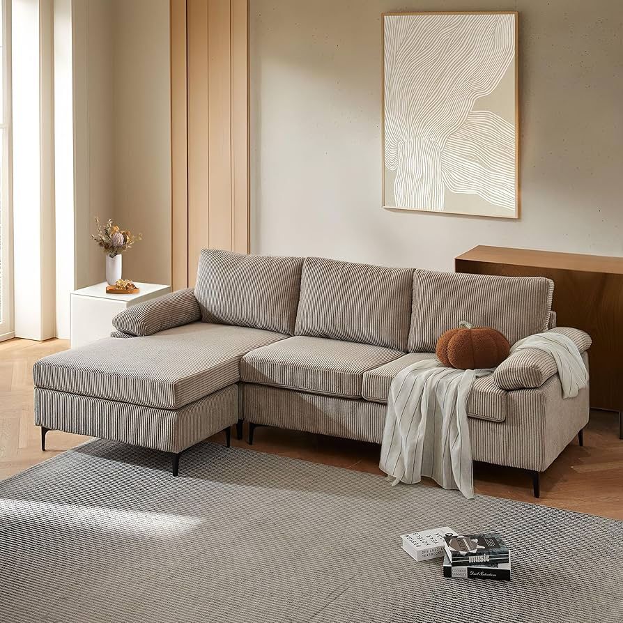 Corduroy Sectional Couch,100" L Shaped Sofa with Left Facing Chaise,Modern Comfy Deep Seat Couch for Living Room Office Small Space,Camel Brown