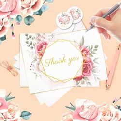 Thank You Cards Gold Foil Floral 24 Pack 4X6" Boho With Envelopes Flower Sticker