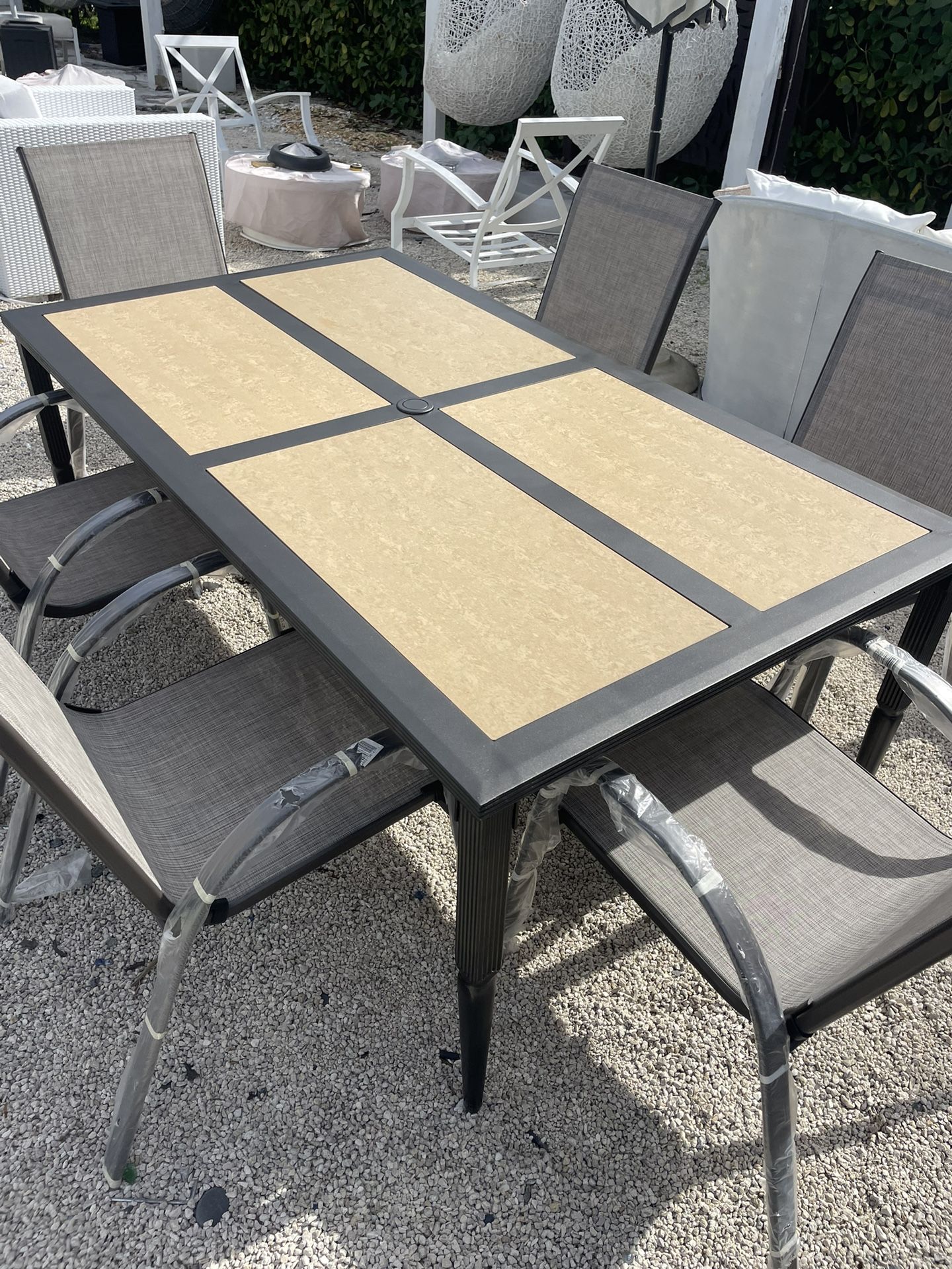 Outdoor Patio Aluminum Table With 6 Outdoor Patio Aluminum Stackable NEW Chairs