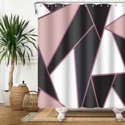 Pink Black Waterproof Fabric Geometrical Pattern Shower Curtain for Bathroom Plaid Red Lines White Geometry Bath Curtain with 12 Hooks 60x72 inches