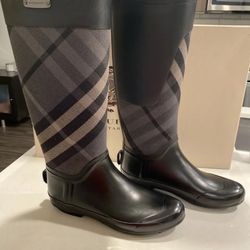 Burberry Clemence Gray/Black/Charcoal Check Rain Boots Women's EU 38/US 7
