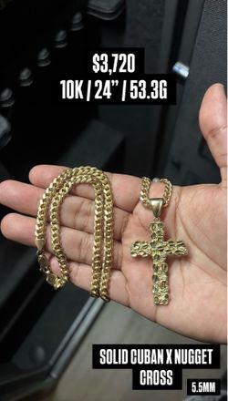 10K Solid Cuban + Nugget Cross Set