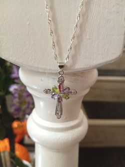 Silver Cross Pendant Necklace with Multicolor Stones