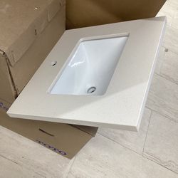 24” X 22” Sparkle White Quartz Vanity Top with White square Bowl . Available For PICKUP !  