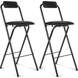 Thyle 2 Pcs Folding Bar Stool, Black, 27.5 Inch, Leather Padded Tall Foldable Stool Chair with Backrest High Folding Bar Chair Counter Height Seat Por