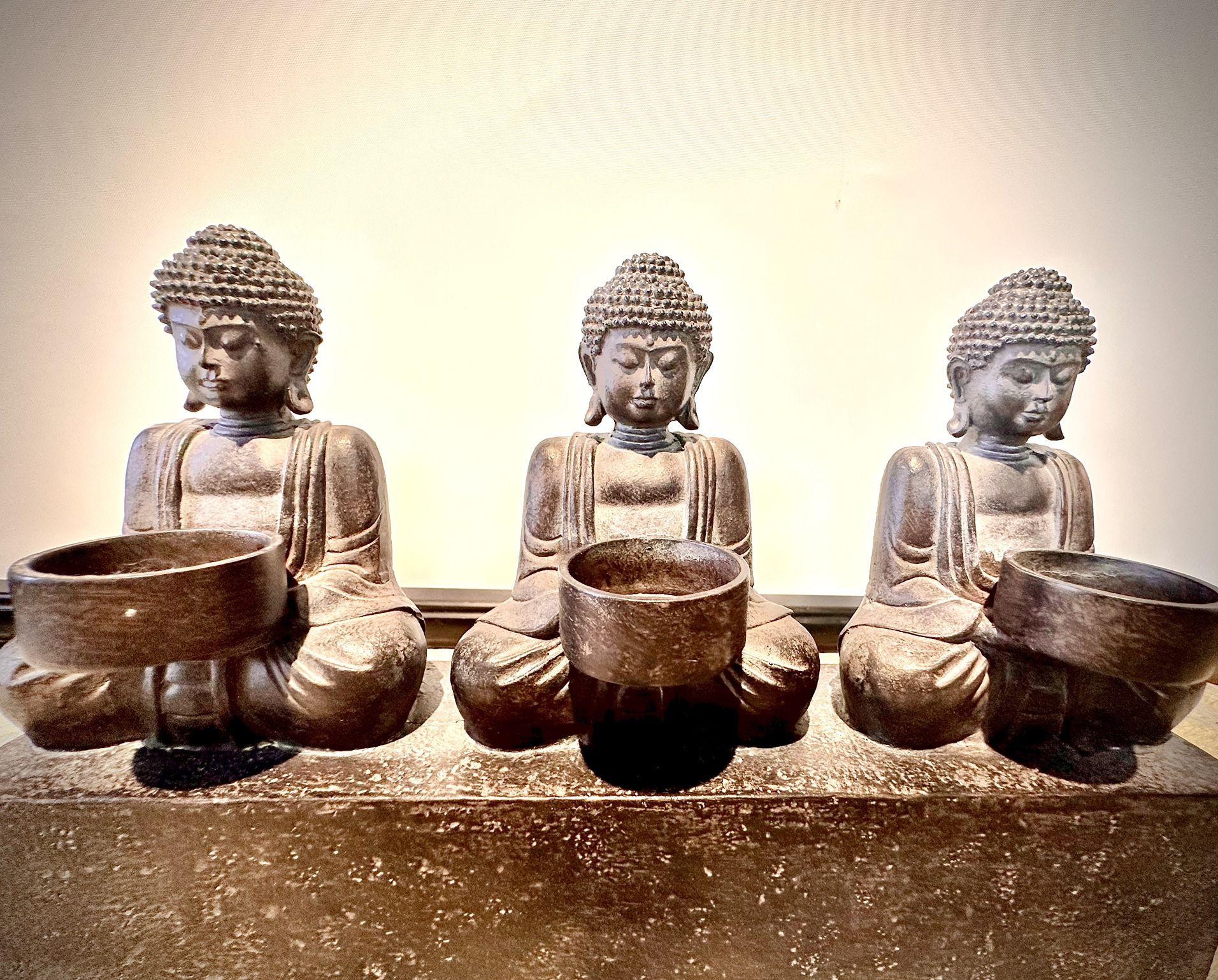 Three candles holder L13xH9xD3.5 inch Lbs 3.1; Buddhist themed 3; Quality solid composite resin sculpture in excellent like new condition; Item# 275GR